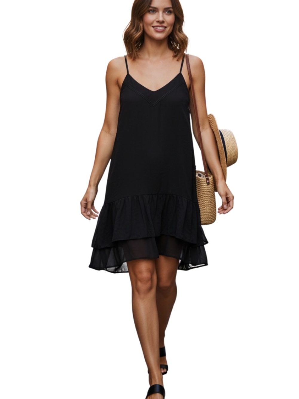 Oasis Black Spaghetti-Strap Tiered Midi Dress